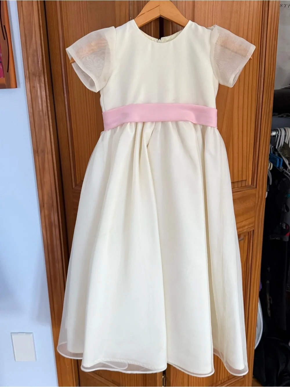 Preowned Flower Girl Dress Short Sleeve Custom Made Ivory with Pink Sash and Bow